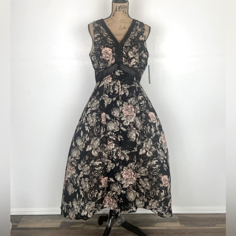 Antonio Melani Jacquard Floral Dress Size 8 Sheer Chiffon High Low Black & Pink - Picture 4 of 16